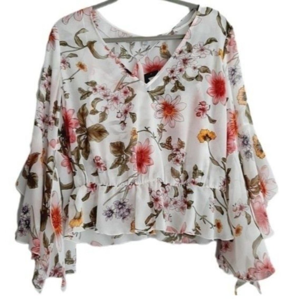 GUESS Jiya Ruffle Bell Sleeve Floral Sheer Blouse Sz L Flawed